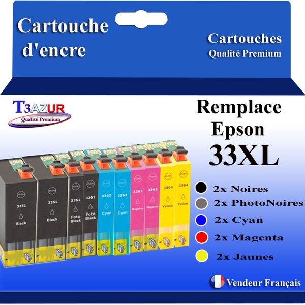 T3AZUR - 10x Cartouches Compatibles avec Epson T3351 T3361 T3362 T3363 T3364 (33XL)