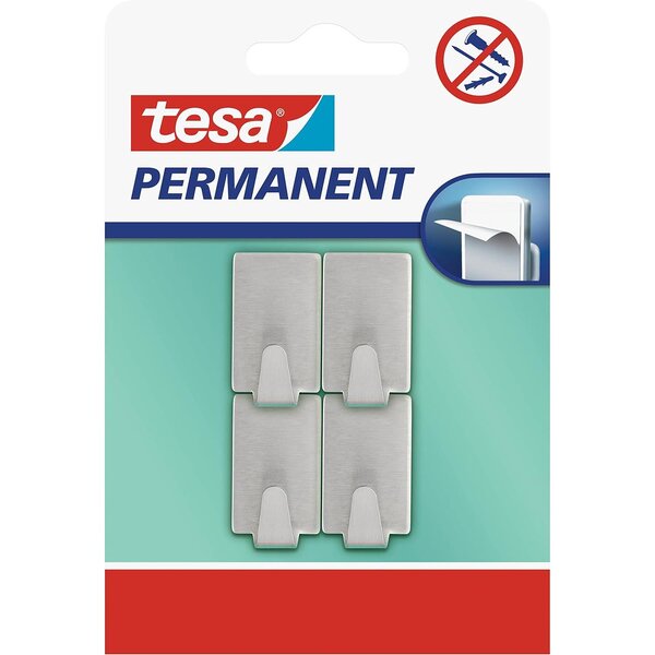Pack 4 Crochets Permanents Rectangulaires Métal Brossé Adhésifs Taille S Gris x 12 TESA
