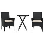 vidaXL Ensemble de bistro avec coussins 3Pièces noir résine tressée verre