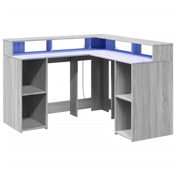 Bureau table poste de travail meuble d'ordinateur informatique étude et lumières LED sonoma 130 x 130 x 91cm bois ingénierie gris 02_0023806