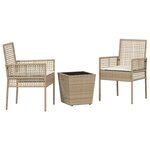 Ensemble Bistro de Jardin 3 Pièces avec Coussins Beige en Poly Rattan