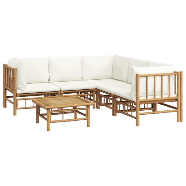 Salon de jardin meuble d'extérieur ensemble de mobilier 6 pièces avec coussins blanc crème bambou 02_0016634