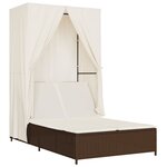 vidaXL Chaise longue double avec toit et rideaux marron résine tressée