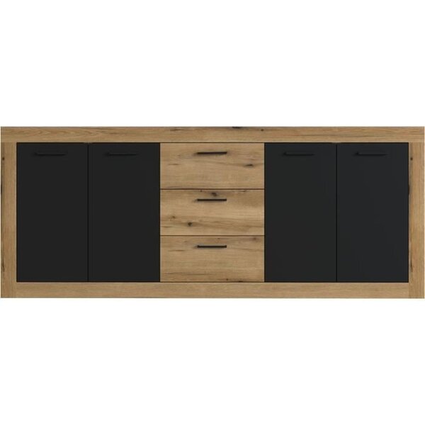 Buffet style industrile en mélaminé chêne et noir 4 portes + 3 tiroirs - 206 x 45 x 83 5 cm