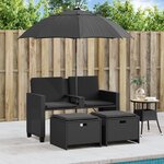 vidaXL Canapé de jardin 2 places avec parasol et tabourets noir rotin