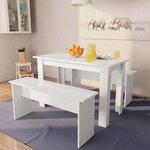 vidaXL Table de salle à manger et bancs 3 Pièces Bois d'ingénierie Blanc