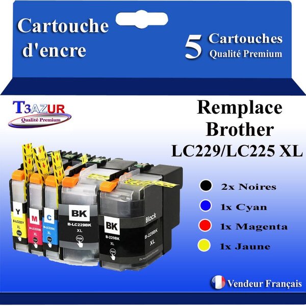 T3AZUR- Lot de 5 Cartouches compatibles avec Brother LC225XL   LC229XL pour Brother MFC-J5320DW  MFC-J5620DW