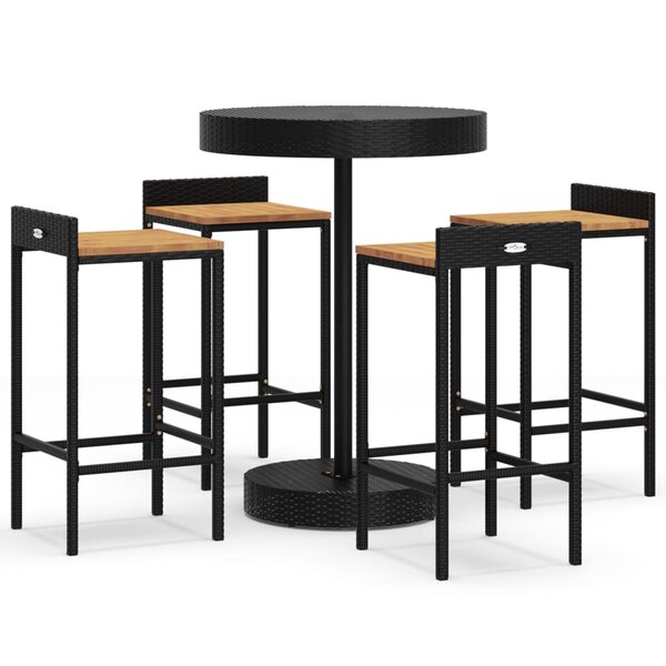 vidaXL Ensemble de bar jardin 5 Pièces noir poly rotin/bois massif acacia