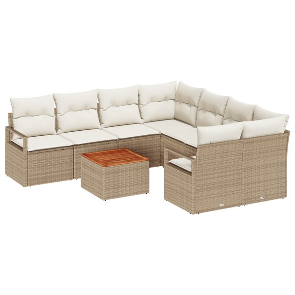 Ensemble de Canapé de Jardin 9 Pièces avec Coussins Beige Poly Rattan Acacia
