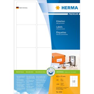 Etiquettes universelles premium, 63,5 x 72 mm, blanc 1200 sur 100 feuilles herma