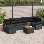 Canapé de jardin 8 pièces avec coussins en poly rotin noir