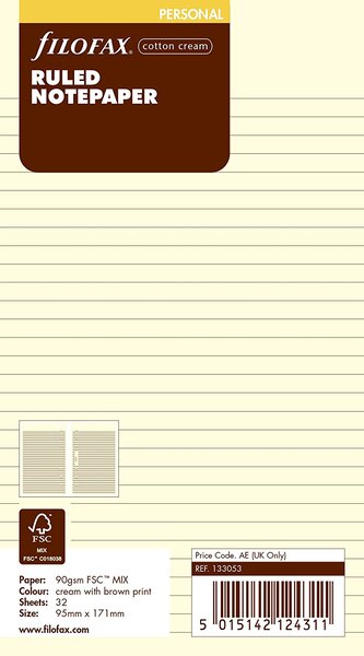 Recharge format Personal feuilles de notes lignées Crème FILOFAX