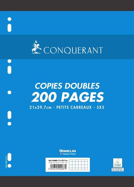 Paquet de 200 Pages Copies Doubles Format A4 Quadrillé 5x5 70g CONQUÉRANT SEPT