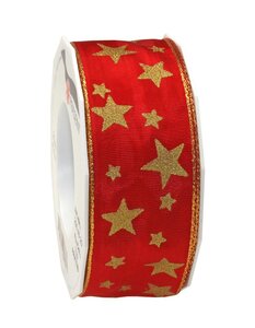 Ruban de soie acetate avec étoiles d arktis 20-m-rouleau 40 mm  rouge