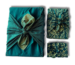 Lot de 3 Furoshikis Beauté Vert Sapin – Emballage Cadeau Réutilisable Coton Recyclé – Pack Famille 3-en-1