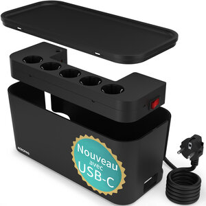 ACROPAQ Boite Cache Cable Cache multiprise - Avec multiprise intégrée USB-C USB-A Boîte de Rangement pour Câble - Noir
