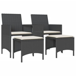 vidaXL Canapé de jardin 2 places avec table et tabourets noir rotin