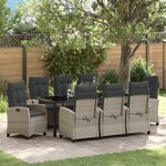 vidaXL Ensemble de Salle à Manger de Jardin de 9 pièces avec Coussins en Rattan Poly Gris Clair