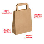 Lot de 1000 sacs cabas en papier kraft brun marron havane avec poignée plate 220 x 100 x 280 mm 6 Litres résistant papier 80g/m² non imprimé