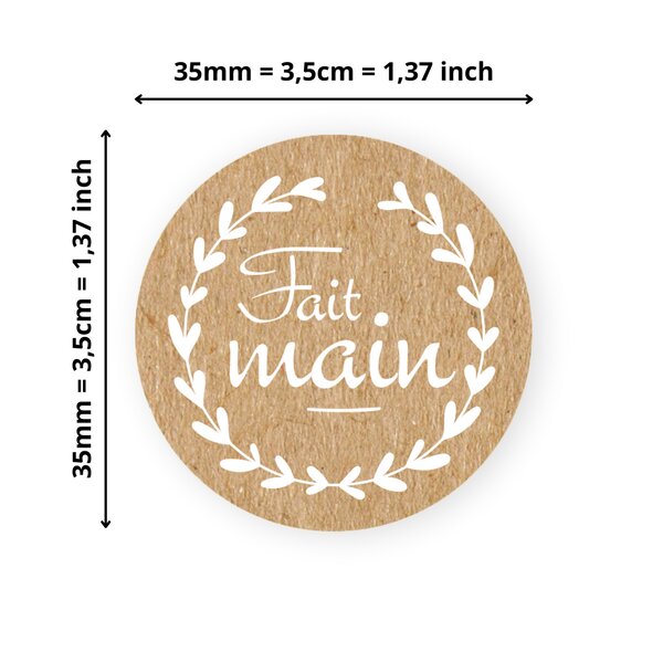 500 Etiquettes Fait main Rondes Autocollantes en rouleau - Ø 35 mm - Fait main - 1 rouleau de 500 Stickers pour entrepreneurs smallbusiness DIY scrapbooking.