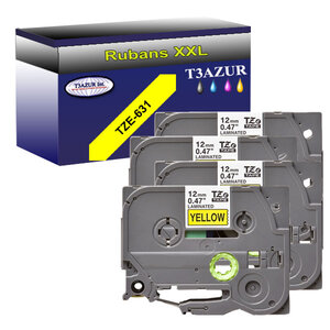 4 x Rubans d'étiquettes laminées générique Brother Tze-631 pour étiqueteuses P-touch - Texte noir sur fond jaune - - T3AZUR