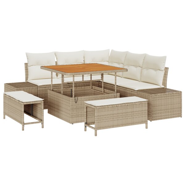 Ensemble de canapé de jardin vidaXL 8 pièces avec coussins beige poly rattan acacia