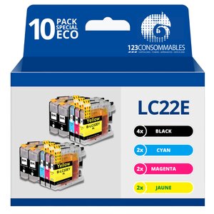 123CONSOMMABLES - LC-22E - Pack 10 cartouches compatibles avec BROTHER MFC-J5920DW LC22E (4 Noir / 2 Cyan / 2 Magenta / 2 Jaune)