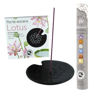 Porte-encens en pierre noire Lotus + 14 bâtonnets d'encens ayurvédique