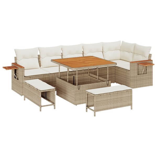 Ensemble de canapé de jardin de 9 pièces avec coussins beige poly rotin acacia