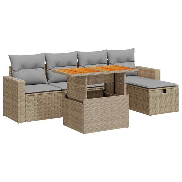 vidaXL Salon de jardin 6 Pièces avec coussins beige résine tressée acacia