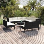 vidaXL Salon de jardin 12 Pièces avec coussins Résine tressée Noir