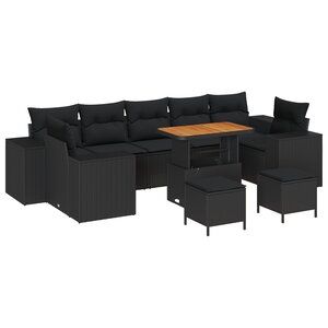 Ensemble de 10 Pièces de Canapé de Jardin avec Coussins Noir Poly Rattan Acacia