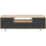 Meuble TV ZAIRA - Mélaminé Anthracite et chêne - 3 Portes - 150 x 41 x 46 cm