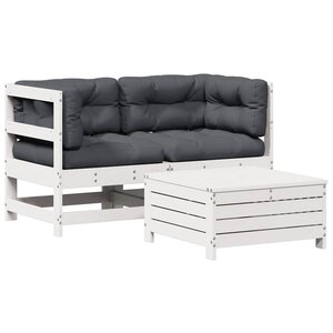 vidaXL Salon de jardin 3 Pièces avec coussins blanc bois de pin massif