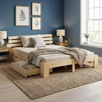 Lit en Bois 140x200 cm Naturel - Lit Double avec 2 Tiroirs de Rangement - avec Matelas - Massif