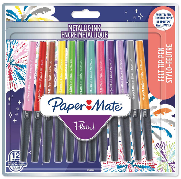 Paper mate flair 12 feutres encre métallique  assortiment de couleurs  pointe moyenne (0 7 mm)