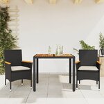 vidaXL Ensemble à manger de jardin et coussins 3 Pièces noir rotin acacia