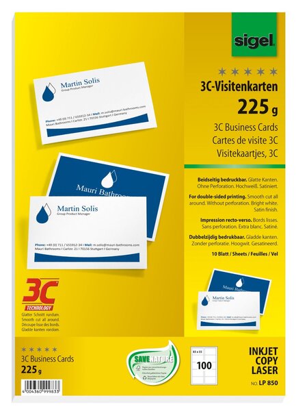 Cartes de visite 3c 85 x 55 mm 225 g extra blanc 100 sur 10f sigel