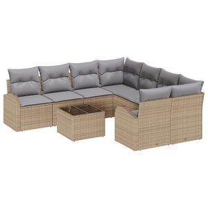Ensemble de canapé de jardin 9 pièces avec coussins Beige Poly Rattan