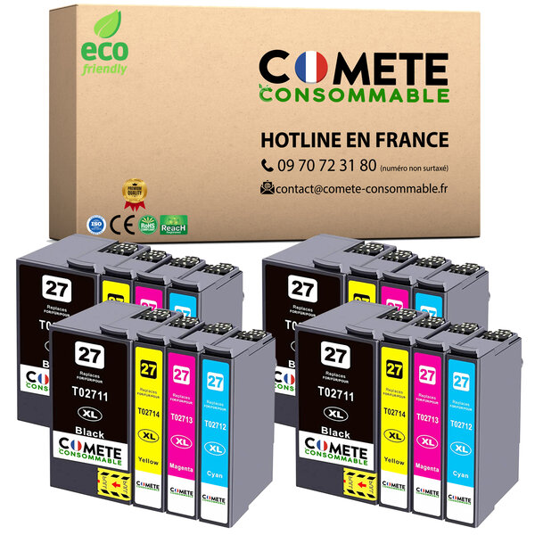 COMETE, Entreprise française - 27XL - 16 Cartouches d'encre Compatibles pour Epson 27 XL Réveil (T2711 T2712 T2713 T2714 T2715) pour EPSON Workforce WF3600 WF7600 (4 Noir + 4 Cyan + 4 Magenta + 4 Jaune)