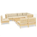 vidaXL Salon de jardin 9 Pièces avec coussins crème bois de pin massif