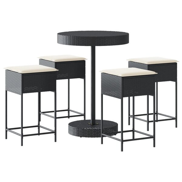 vidaXL Ensemble de bar de jardin 5 Pièces avec coussins noir poly rotin
