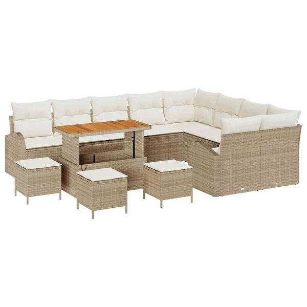 Canapé jardin 13 pièces avec coussins Beige Rattan Poly Acacia
