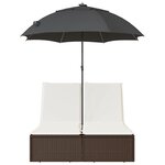 vidaXL Chaise longue double avec coussins et parasol marron poly rotin