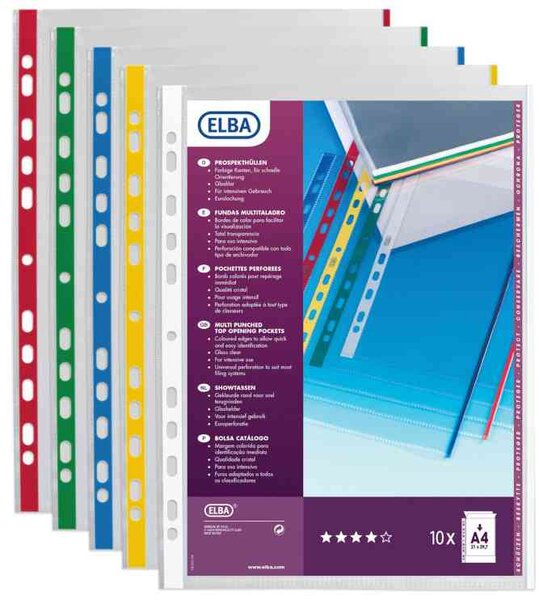 Sachet de 10 Pochettes perforées A4 avec bord couleur PP 0 09 mm Assorties OXFORD