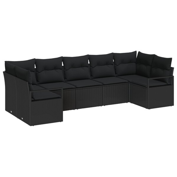 Ensemble de canapé de jardin 7 pièces avec coussins en poly rattan noir