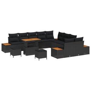 Ensemble 13 pièces canapé de jardin avec coussins Noir Poly Rattan Acacia