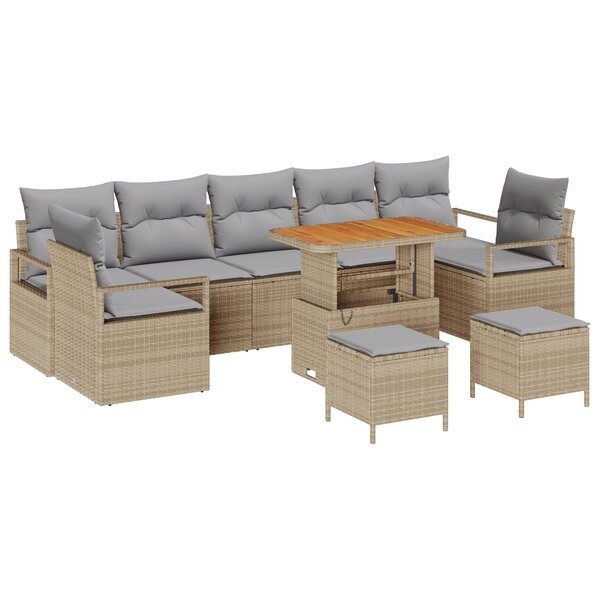 Ensemble de canapé de jardin 10 pièces avec coussins en beige poly rotin acacia