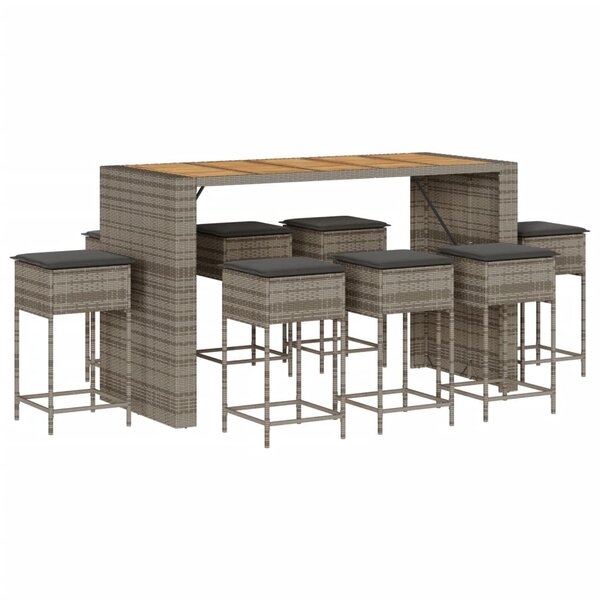 vidaXL Ensemble de bar de jardin 9 Pièces avec coussins gris poly rotin