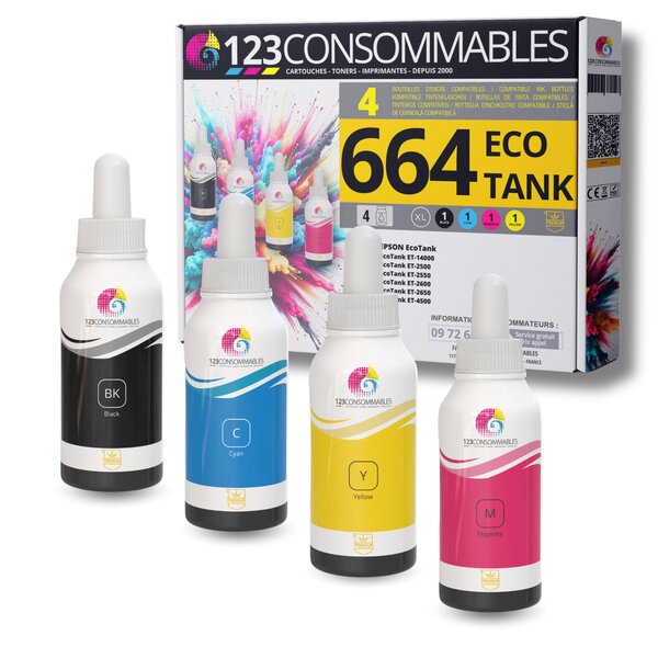 Pack compatible avec EPSON 664 ECOTANK  4 bouteilles d'encre